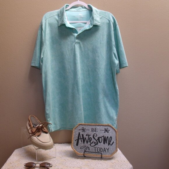 Like New TOMMY BAHAMA Aqua Blue Leaf Print Breathable Lightweight Knit Shirt XL - Picture 2 of 6